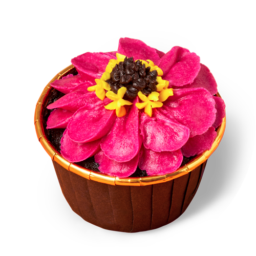 single Colorful cupcake with pink, yellow and brown zinnia-style buttercream flower in a warm brown cupcake cup