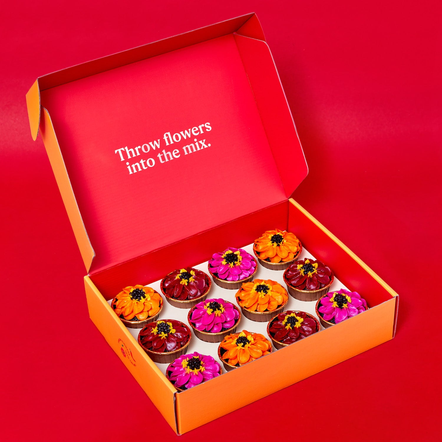 Foxiecakes Oaxaca Campfire DIY cupcake kit with decorated spiced hot chocolate cupcakes topped with zinnia-style buttercream in an open box, cupcakes  displayed inside Foxiecakes kit inside carrier. On red background.