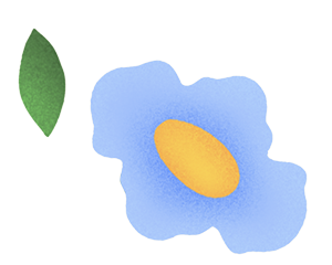 flat illustration of blue flower with a yellow center and green leaf 