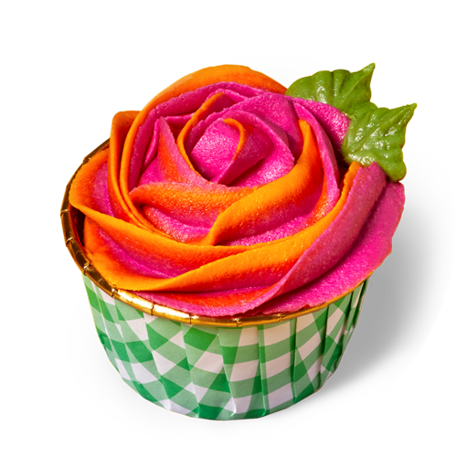 single colorful cupcake with pink and orange rose-style buttercream flower in a green gingham print cupcake cup