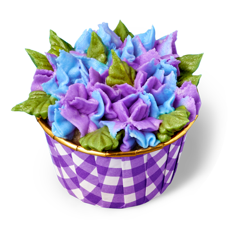 Single raspberry rose cupcake with blue, purple, and green hydrangea-style buttercream frosting in a purple gingham picnic-style cupcake wrapper, floral spring cupcake for beginners
