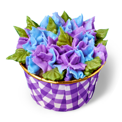 Single raspberry rose cupcake with blue, purple, and green hydrangea-style buttercream frosting in a purple gingham picnic-style cupcake wrapper, floral spring cupcake for beginners