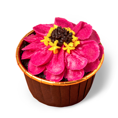 single Colorful cupcake with pink, yellow and brown zinnia-style buttercream flower in a warm brown cupcake cup